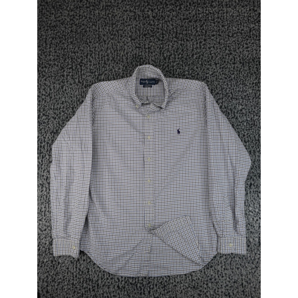 Ralph Lauren Button Down Shirt Mens L White Blue‎ Check Classic Fit Long Sleeve